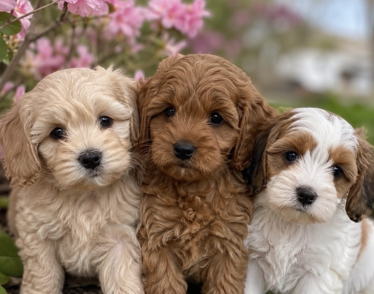 Dan and Melissa, owners of Boundless Horizon Puppies in Millersburg, Ohio, with their Maltipoo, Cavapoo, and Teddy Bear puppies